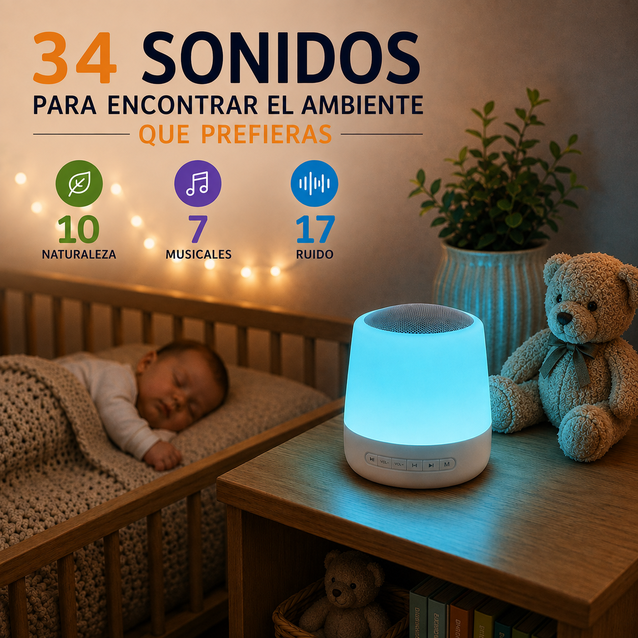 CREÁ SU MOMENTO DE CALMA — Máquina de Ruido Blanco + Luz Nocturna Smart