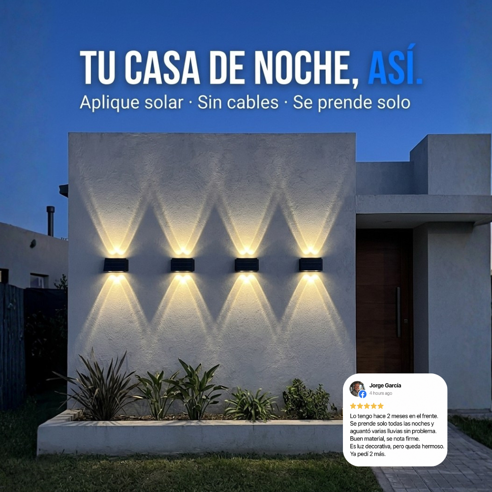 Aplique Solar HALO — Tu casa de noche, como sacada de una revista. Sin cables ni electricista.