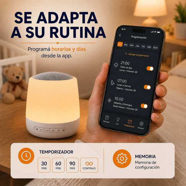 CREÁ SU MOMENTO DE CALMA — Máquina de Ruido Blanco + Luz Nocturna Smart